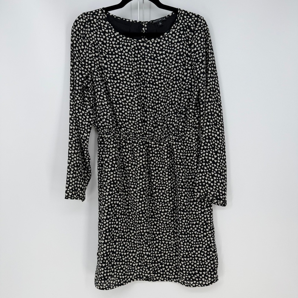 J.Crew Mercantile Dress Womens 8 Black White Heart Print Long Sleeve Mini Preppy